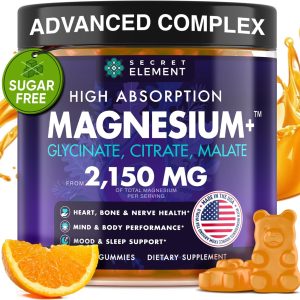 Magnesium Glycinate 2150MG Gummies for Women and Men, High Absorption Magnesium Glycinate, Citrate, Malate Gummies for Adults & Kids, Magnesium for Sleep Support, Sugar Free, Vegan, 60 Chews, Orange