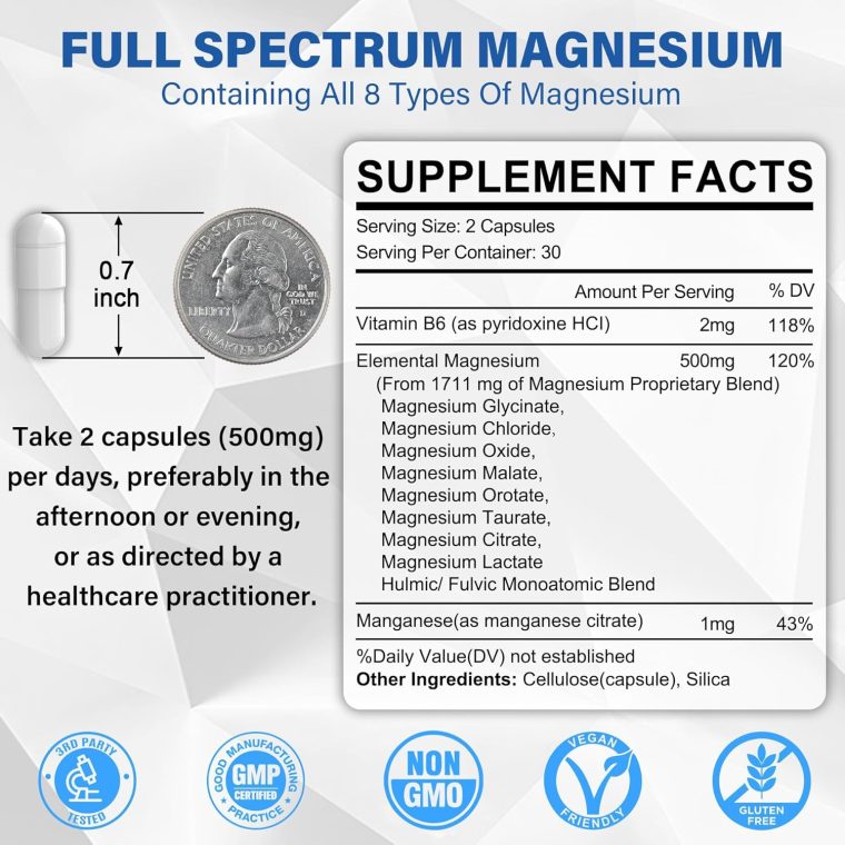 Magnesium Complex Supplement 8 Forms, 500mg Magnesium Glycinate, Malate, Citrate, High Absorption Mg for Calm, Sleep, Mood & Healthy Muscle, Pack of 2, Total 120 Vegan Capsules - Image 2