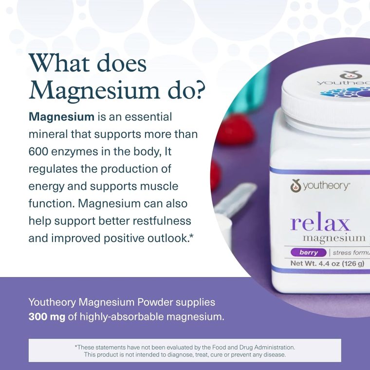 Youtheory Relax Magnesium Powder - Vegan Stress Relief Supplement with L-Theanine & GABA* - Supports Relaxation* - Dairy, Soy & Gluten Free - Berry, 4.4 oz - Image 4
