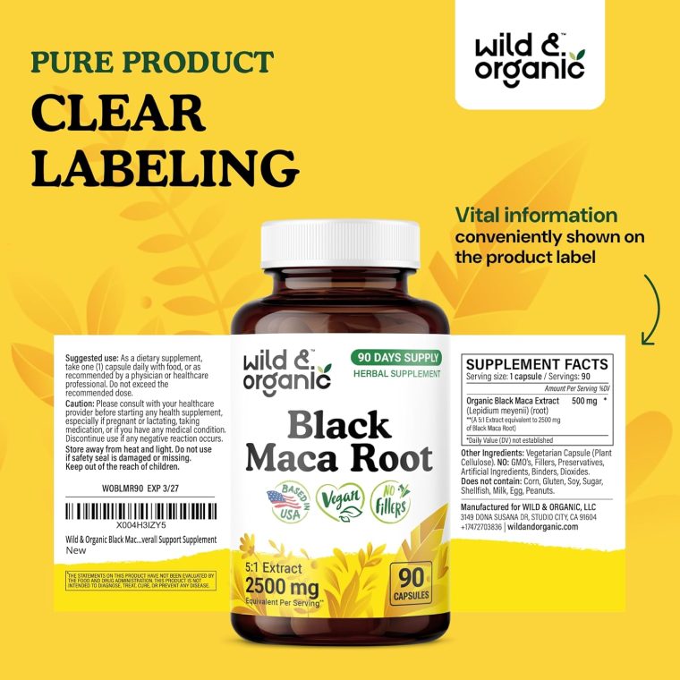 Wild & Organic Black Maca Root Capsules for Men & Women 500 mg - Maca Root Extract for Overall Support - 90 Vegan Capsules - Women & Men Supplement - 90 Days Supply - Non-GMO, No Fillers, Gluten-Free - Image 7