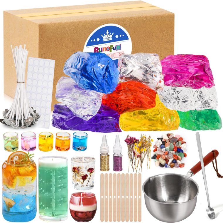 Jelly Candle Making Kit,9pcs Gel Wax -7 Colors Candle Making kit，Includes Wax Wicks Wick Stickers，Wooden Wick Holders and More，DIY Starter Candle Making Kit 2.8LB/45oz