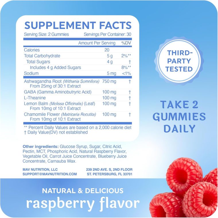 Calming Ashwagandha Gummies for Teens | Stress Relief Supplement with Theanine, GABA, Chamomile & Lemon Balm Calm Sleep Gummies | Natural Raspberry Flavor, Non-GMO, Third-Party Tested | 60 Ct - Image 6
