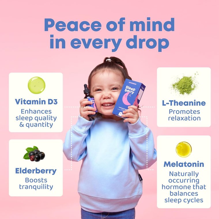 JoySpring Sleepberry Kids Melatonin 3 mg – Liquid Sleep Aid with L Theanine, High Absorption Berry Drops (2 fl oz) 60 Servings, Children's Melatonin with Vitamin D Kids Travel Essentials - Image 4