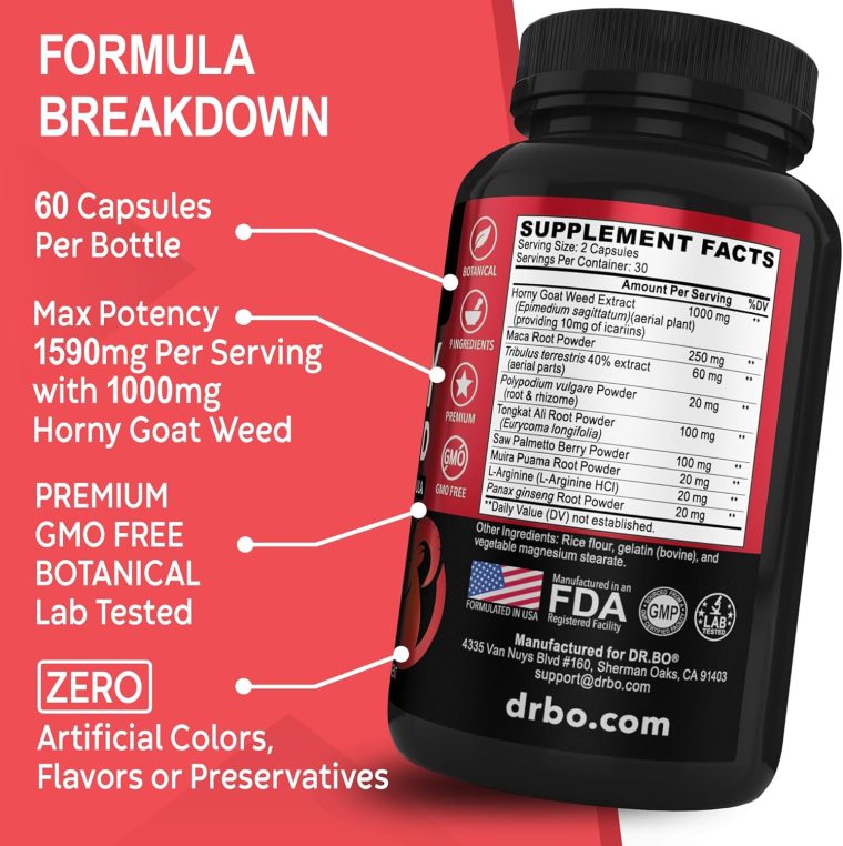 Horny Goat Weed For Men and Women - 1590mg Extra Max Male Enhancement, Stamina, Endurance, Performance - Maca Root, Tribulus, Muira Puama, L Arginine Ginseng Hornygoatweed for Men & Women - 60 Pills - Image 6