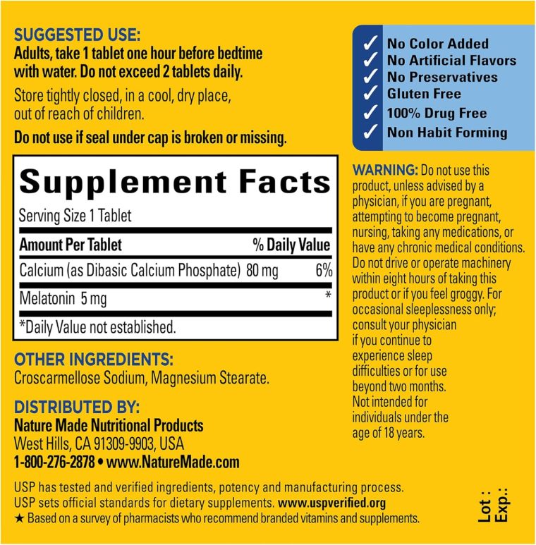 Nature Made Melatonin 5mg Extra Strength Tablets, 100% Drug Free Sleep Aid, Sleep Supplements for Adults, 300 Tablets, 300 Day Supply - Image 5