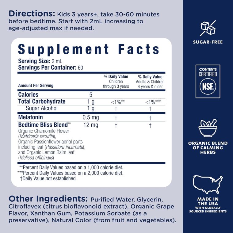 Mommy's Bliss Kids Sleep Liquid with Melatonin & Calming Herbs | Supports The Natural Sleep Process for Children 3 Years & Up | Grape Flavor | Sugar Free| 4 Fl Oz (60 Servings) - Image 6