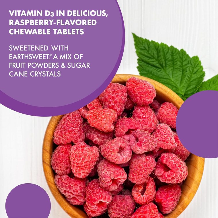 Bluebonnet Nutrition Earth Sweet Vitamin D3 5000 IU Chewable Tablets, Aids in Muscle & Skeletal Growth, Non GMO, Gluten & Soy & Milk Free, Kosher, Raspberry, White, 90 Count - Image 3