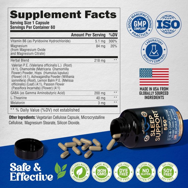 Sleeping Pills for Adults 550mg - Valerian Root for Sleep | Melatonin 3mg | L-Theanine | Magnesium - Natural Sleep Aid Supplement - Non-Habit Forming Rest Support - Made in USA - 1/Day | 60 Capsules - Image 7