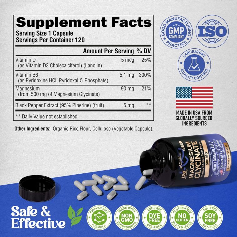 Magnesium Glycinate 500 mg - Chelated Supplement - 98% High Absorption - Sleep, Muscle & Heart Health Support - Made in USA - Lab Tested & Non-GMO - 120 Capsules - Image 8