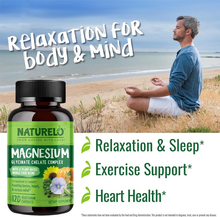 NATURELO Magnesium Glycinate Chelate Complex - 200 mg Magnesium with Organic Vegetables to Support Sleep, Calm, Muscle Cramp & Stress Relief - Gluten Free, Non GMO - 120 Capsules - Image 4